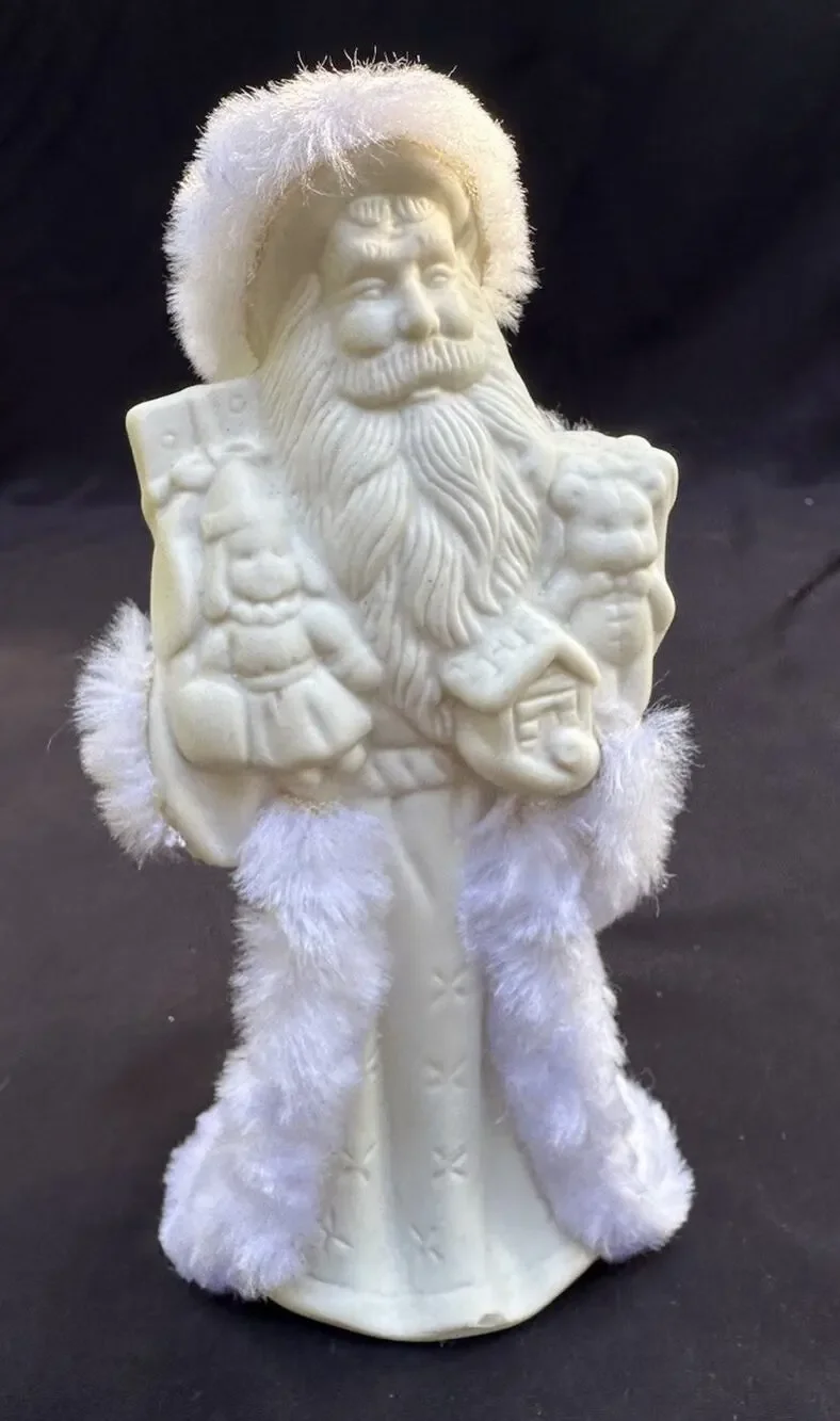 Vintage K’s Collection White Santa Figurine 7” Ceramic With Faux Fur -S53